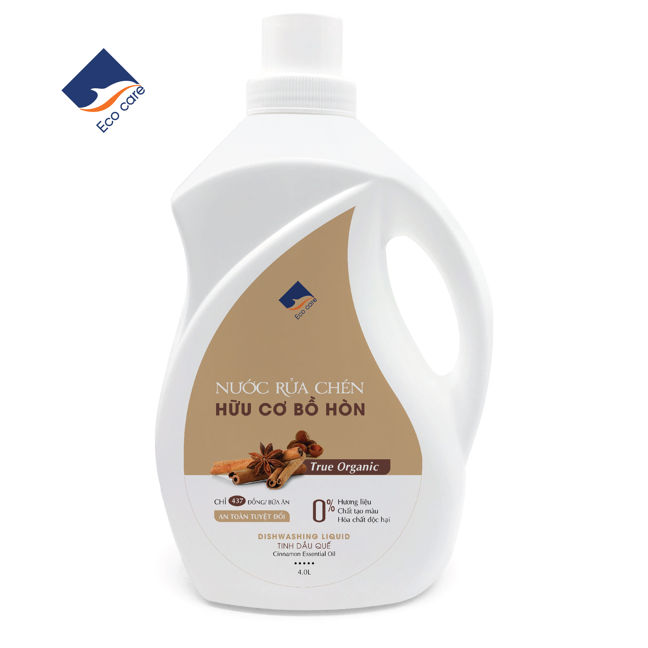 Nước rửa chén hữu cơ Bồ hòn Ecocare - 100% thực vật, không hóa chất, tinh dầu khử mùi, chăm sóc da tay, tiết kiệm nước 30% - Chai 4000ml