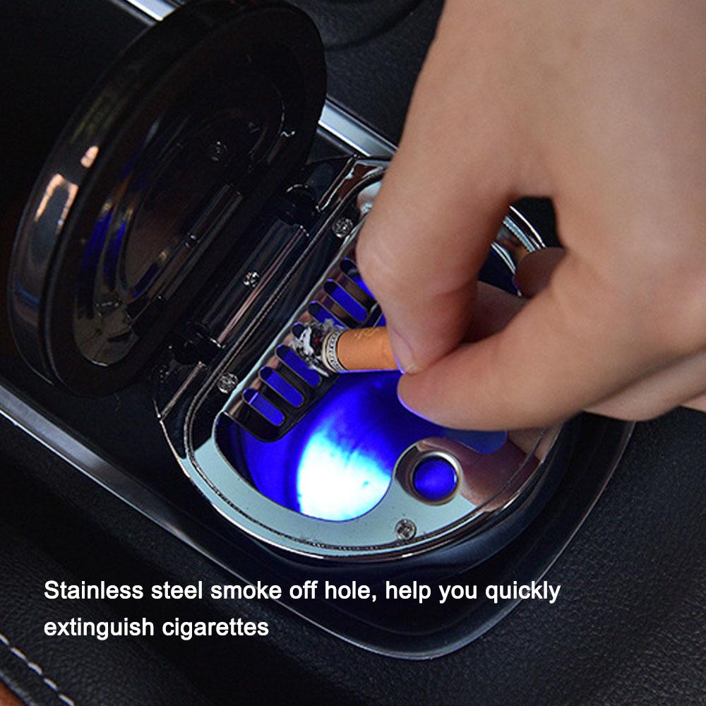 Car Smokeless Ashtray with Lid Small Garbege Can with Blue LED Light Compass for Most Car Cup Holder