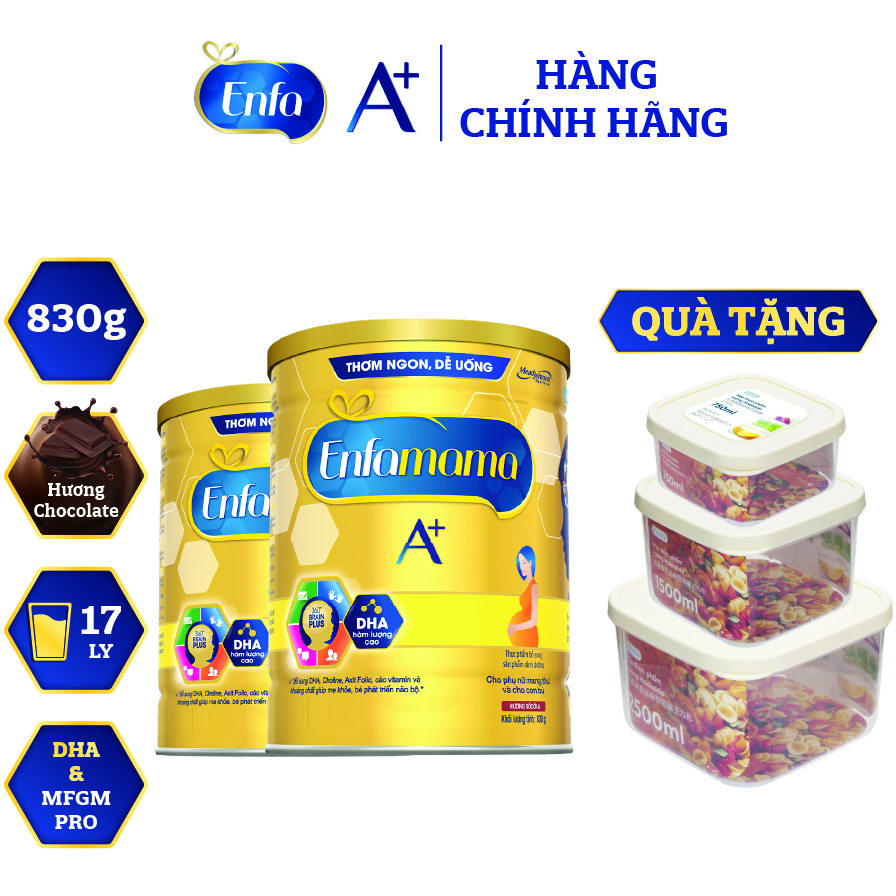 Bộ 2 Lon Sữa Bầu Enfamama 360° Brain Plus Cho Mẹ - Vị Chocolate - 830g - Tặng Bộ 3 hộp thực phẩm vuông Hokkaido 750-1500-2500ml