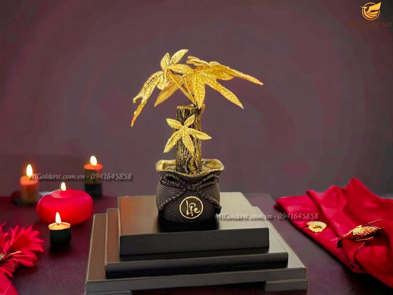 Cây kim ngân dát vàng 24k Mt Gold Art(22x17x14cm) M01- Hàng chính hãng, quà tặng dành cho sếp, khách hàng, đối tác
