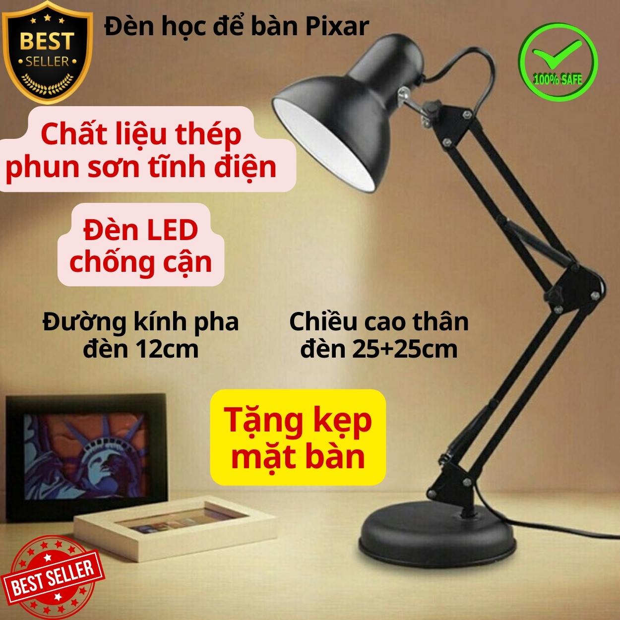 Hình ảnh Đèn học PIXAR Bóng LED Chống Cận Bảo Vệ Mắt Có Tặng Kẹp Bàn Chắc Chắn ĐK 12cm Chất Liệu Thép Phun Sơn Tĩnh Điện D Danido