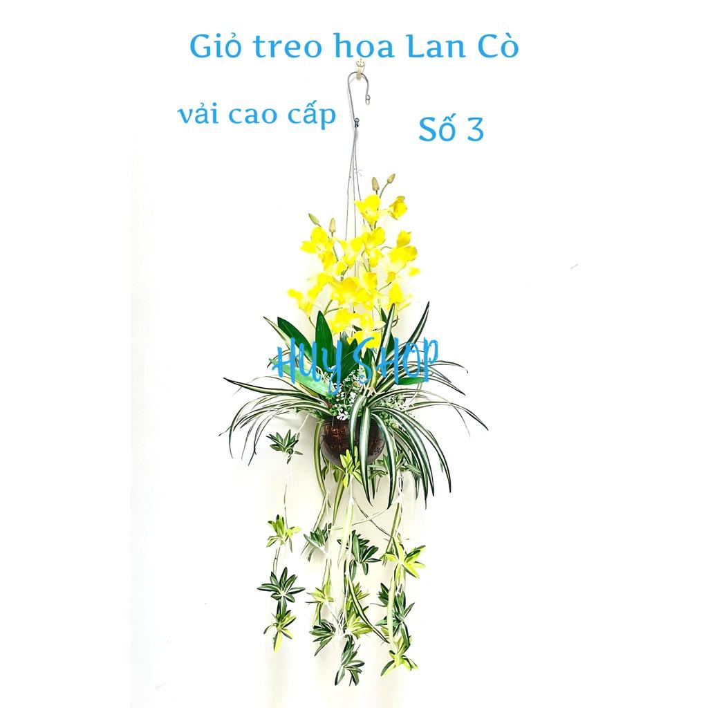 Giỏ gáo dừa Hoa LAN CÒ (cao 85cm) Vải cao cấp trang trí treo trần nhà