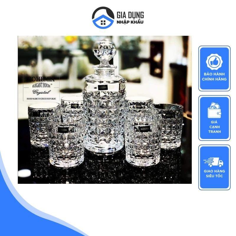 Bộ Bình Ly Pha Lê Cao Cấp Bohemia Diamond 7 Món, Bộ Bình Thủy Tinh 6 Cốc Uống Whisky (Ly-250ml, Bình-650ml), Nhập Đức Chính Hãng