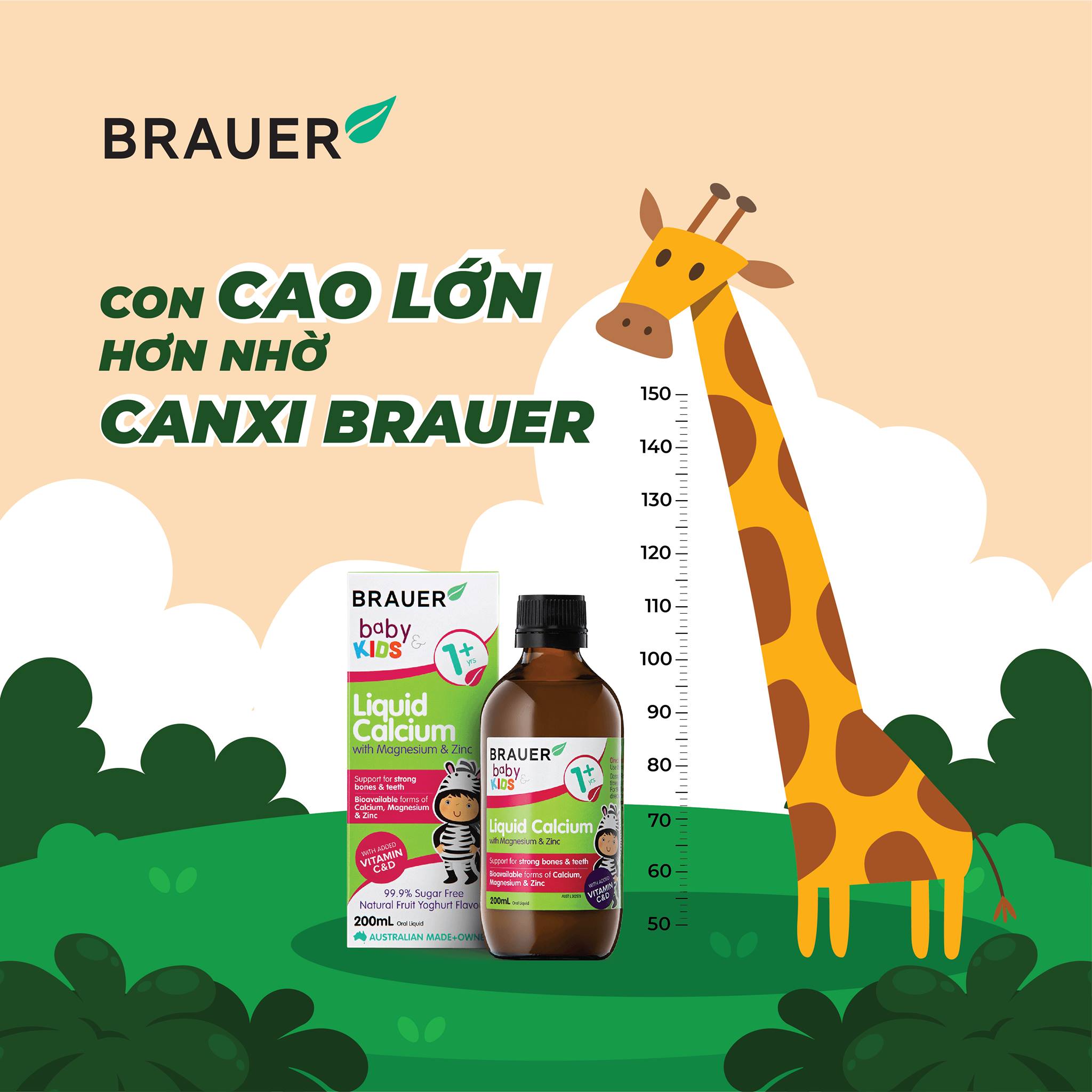 Calcium (canxi) hữu cơ, vitamin D3 cho trẻ sơ sinh, trẻ nhỏ Brauer Úc hỗ trợ phát triển chiều cao, cơ bắp, ngủ ngon, tăng hệ miễn dịch-OZ Slim Store