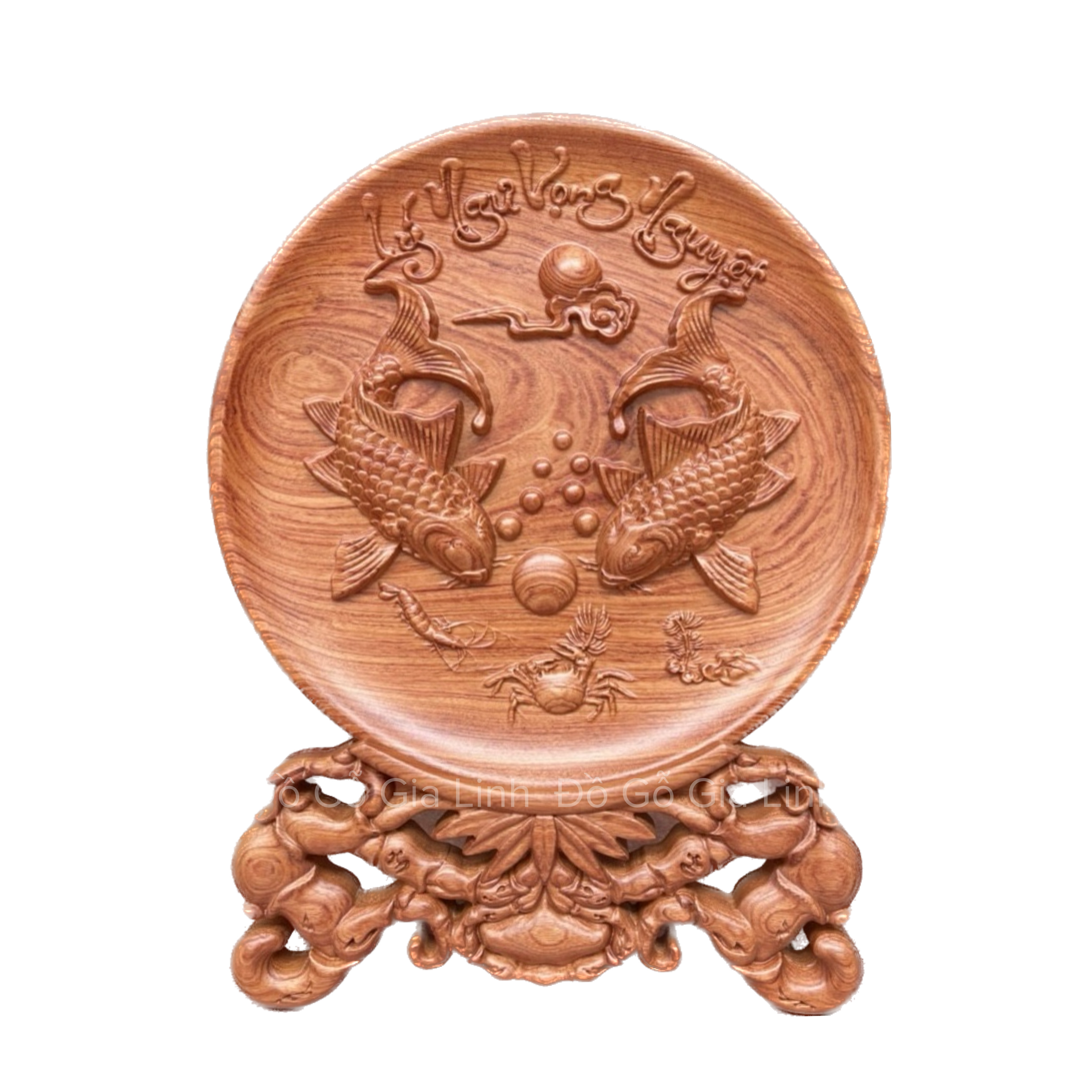 Đĩa gỗ Lý ngư vọng nguyệt Đồ Gỗ Gia Linh gỗ Hương đá liền khối kèm chân đế