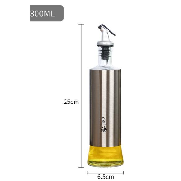 (Tặng phễu nhựa) Chai chiết đựng  dầu , giấm , nước mắm thủy tinh bọc inox  300ml có Đầu Vòi nắp Chống Rót Tràn