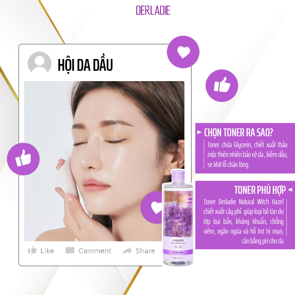 Combo Nước Tẩy Trang và Nước Hoa Hồng Cho Da Dầu Mụn Derladie (Cleansing Water Witch Hazel 500ml + Lavender Toner 500ml)