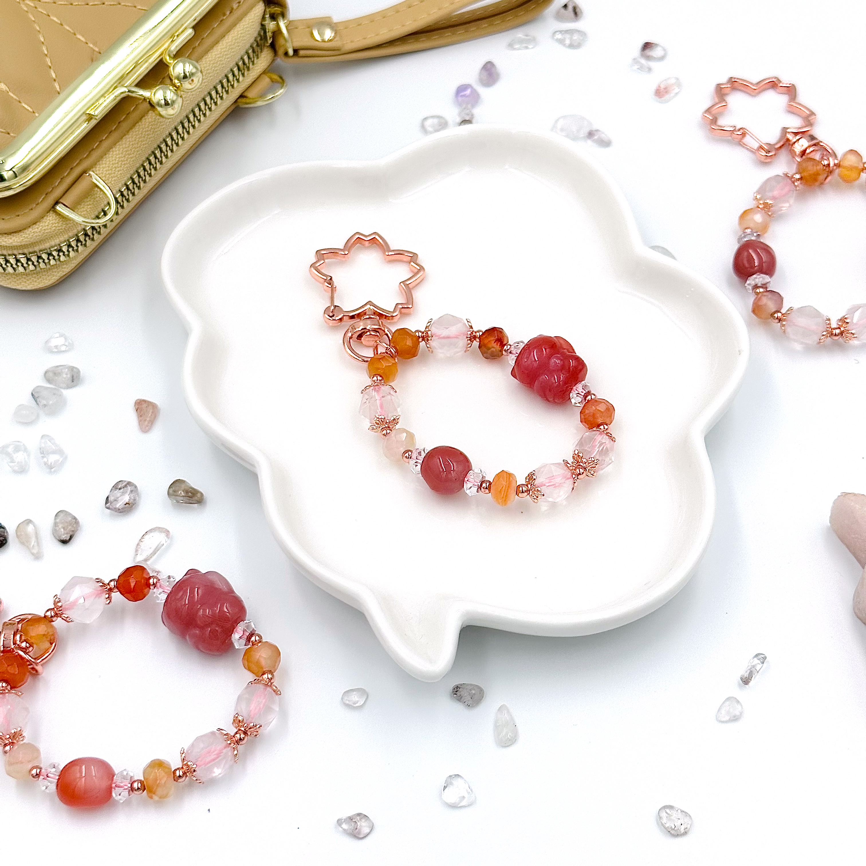 CRZ Bag Charm - Phụ Kiện - Yan Yuan Agate Fortune Cat With Carnelian Agate & Rose Quartz - Móc Khóa Vòng Tay Đá Thạch Hồng, Carnelian Kèm 1 Charm Mã Não Hình Mèo