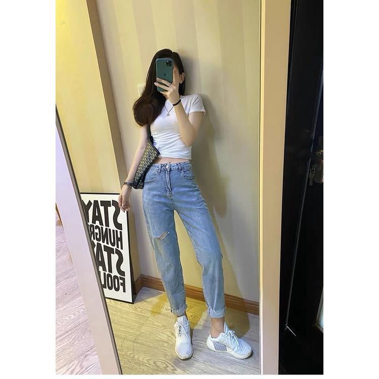 Quần jean dài phom Baggy / boyfriend co dãn mạnh, lưng cao, màu xanh đá hottrend