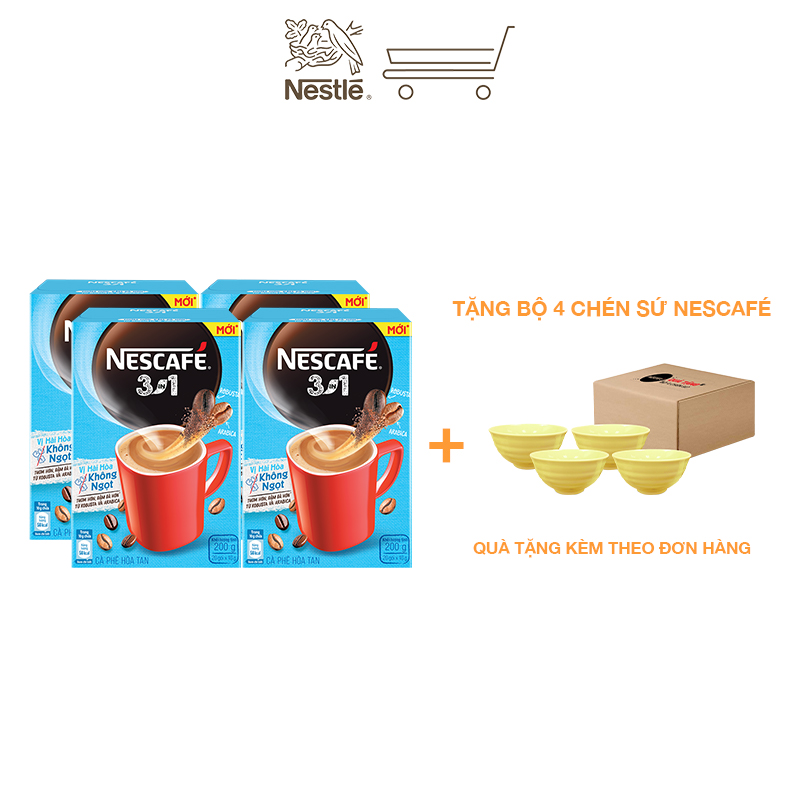 [Tặng bộ 4 chén sứ] Combo 4 hộp cà phê hòa tan Nescafé 3in1 vị hài hòa không ngọt - công thức cải tiến (Hộp 20 gói)