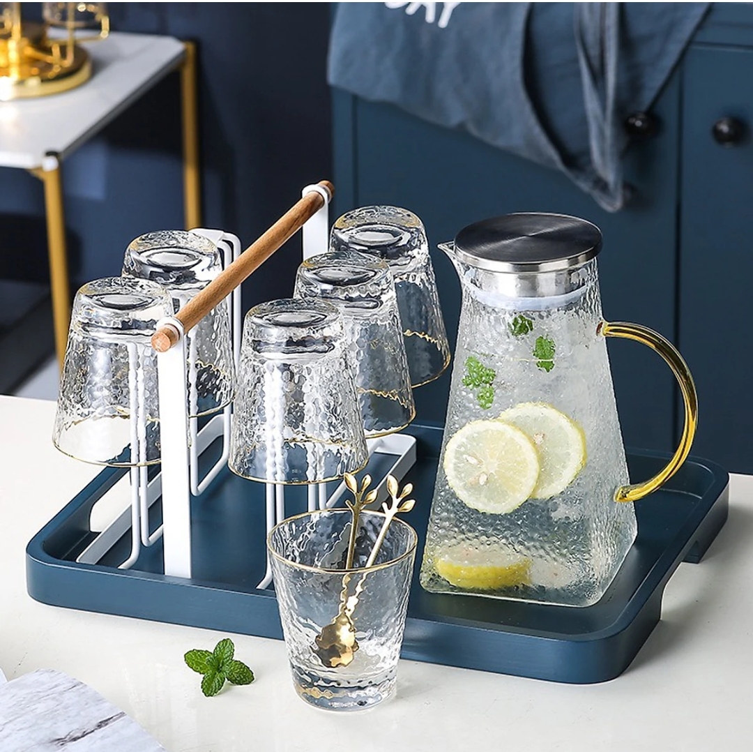 BỘ BÌNH CỐC THỦY TINH TRẮNG QUAI VÀNG INOX 1,6L CHỊU NHIỆT CAO CẤP