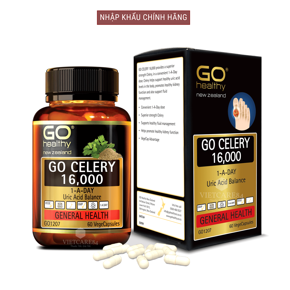 Viên gout nhập khẩu chính hãng New Zealand GO CELERY 16000mg giúp giảm các triệu chứng bệnh gút: giảm uric acid, làm giảm triệu chứng sưng đau do gut
