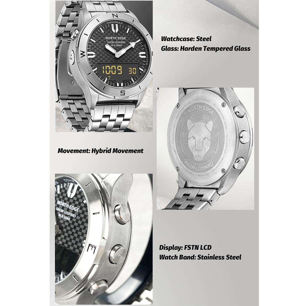 NORTH EDGE Stainless Steel Wrist Watch for Men 50M Waterproof Outdoor Sports Digital Watch with Compass Altimeter Barometer Thermometer