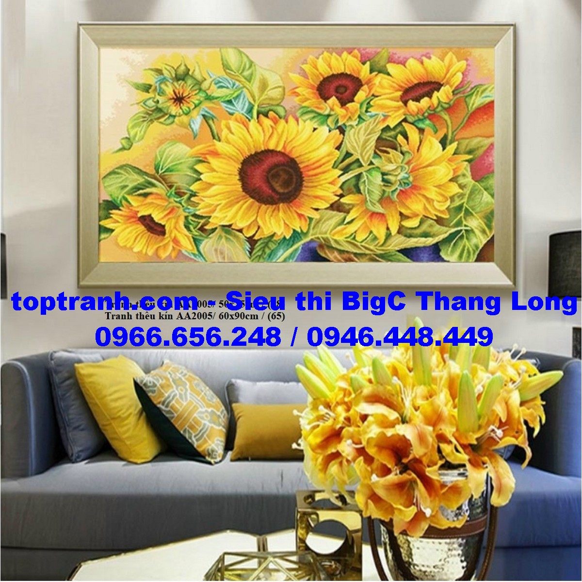 Tranh thêu chữ thập 5 bông hoa hướng dương AA2005 9CT 60x90cm chưa thêu