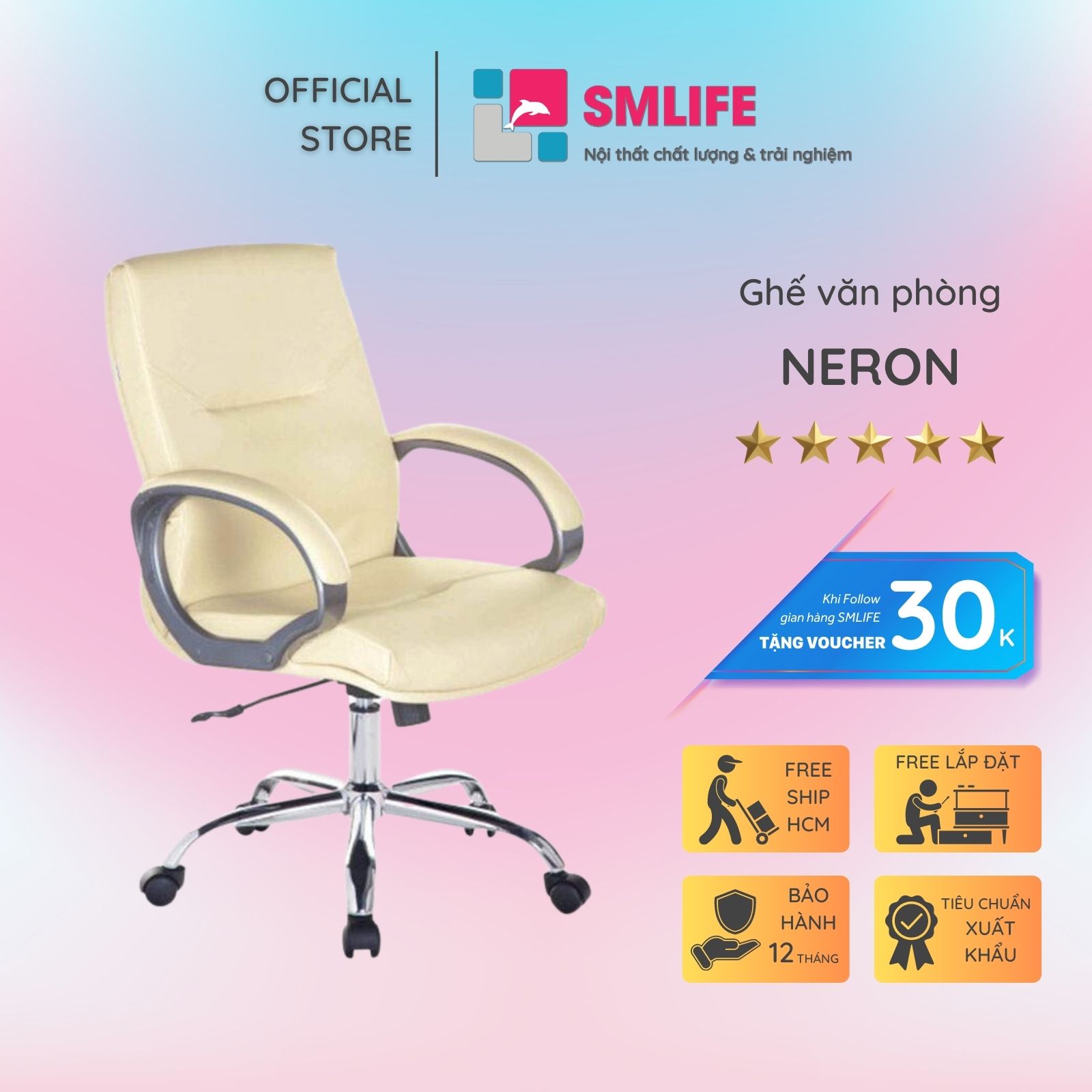 Ghế văn phòng chân xoay lưng trung bọc da SMLIFE Neron