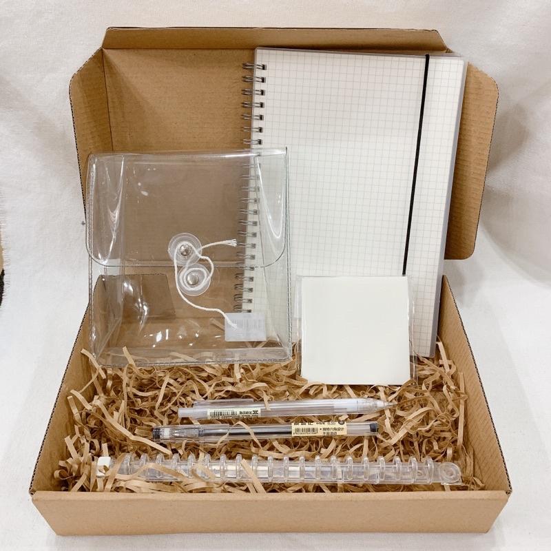 Basic Stationery Box - Combo Dụng Cụ Sổ Lò Xo Bìa trong suốt, túi đựng bút, giấy note trong suốt, bút chì bấm