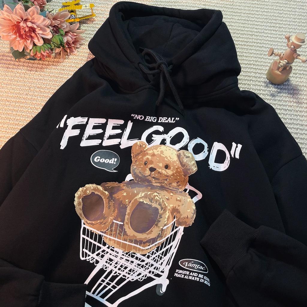 ÁO KHOÁC HOODIE NAM NỮ FORM RỘNG TAY PHỒNG MÀU BE VẢI NỈ DÀY MỊN, ÁO HOODIE UNISEX IN GẤU FEELGOOD