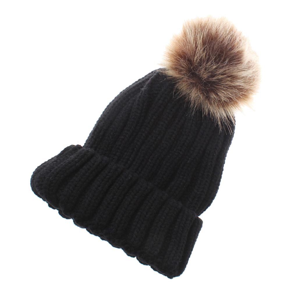 Baby Unisex Winter Warm Faux Double Fur Pom Bobble Knit Beanie Hat Cap