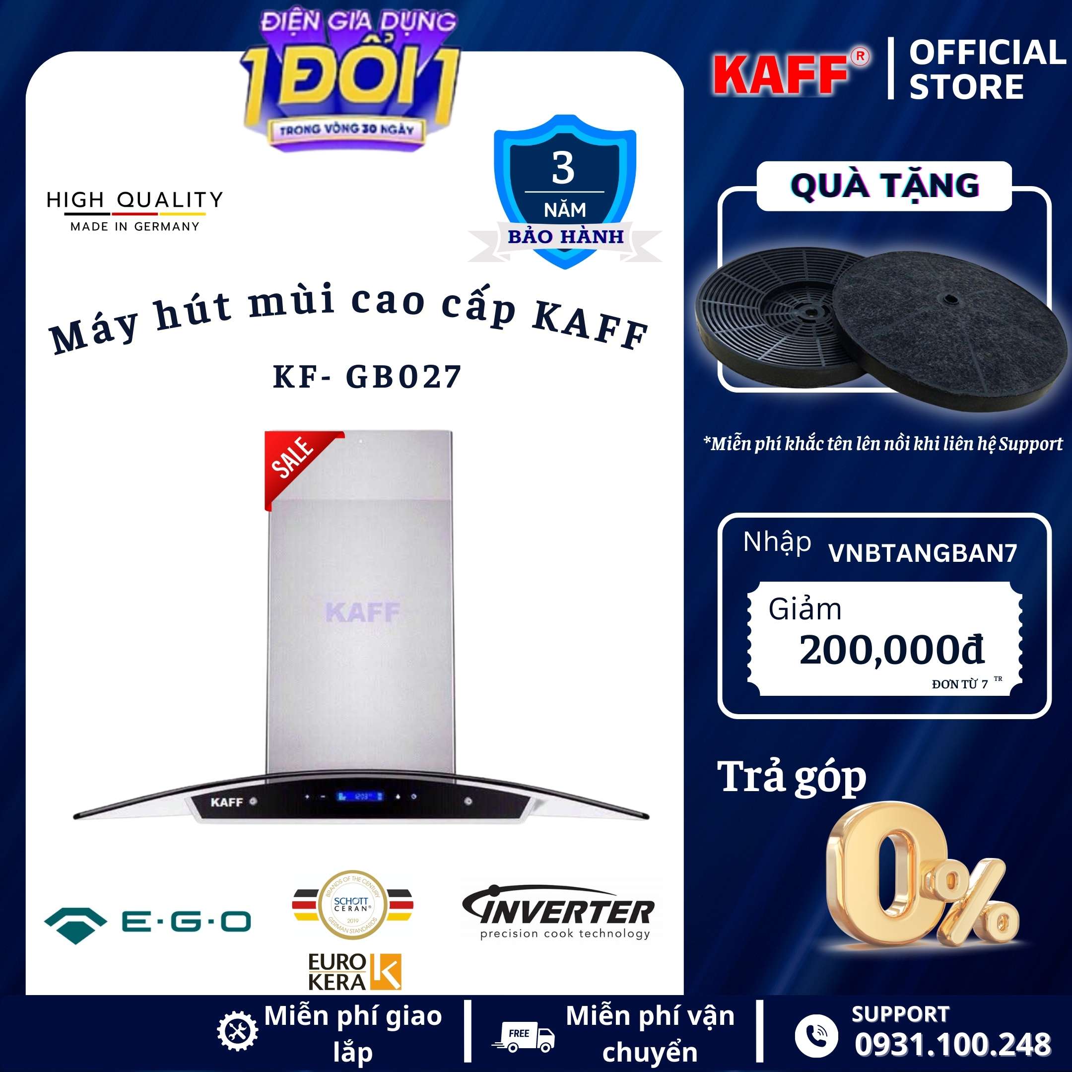 Máy hút mùi kính cong cảm ứng 700mm KAFF KF_GB027 Tặng bộ lọc than thay thế _ Hàng Chính Hãng