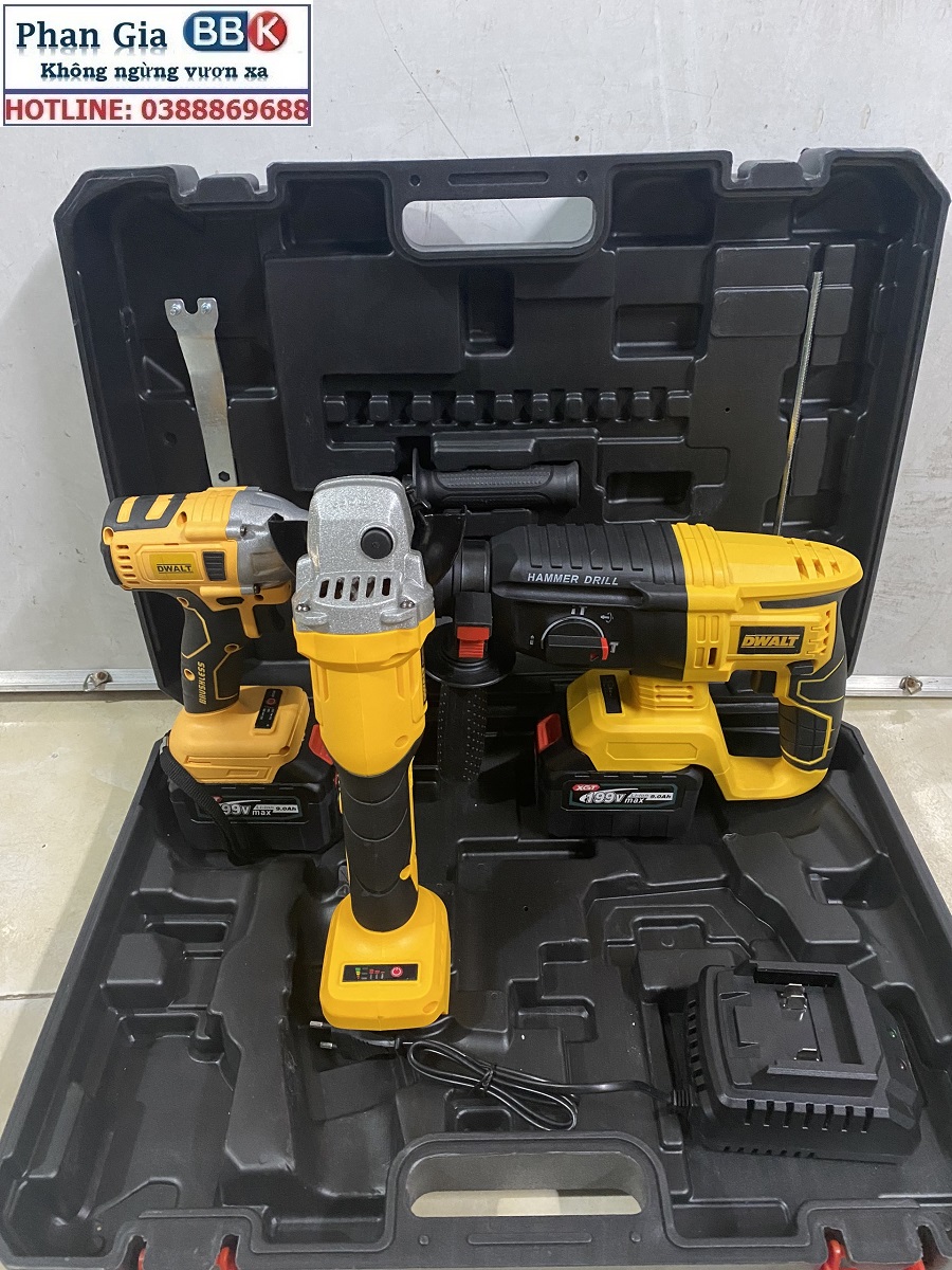 Bộ Combo 3 Trong 1 Gồm Máy Khoan Đục Bê Tông, Máy Mài Và Máy Siết Bulong Dùng Pin 199V, 2 Pin 15 Cell, Động Cơ Không Chổi Than