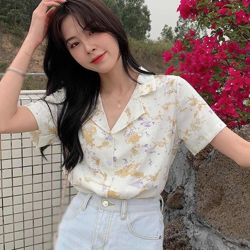 Áo Chiffon Tay Ngắn Dáng Rộng Họa Tiết In Thời Trang Cho Nữ