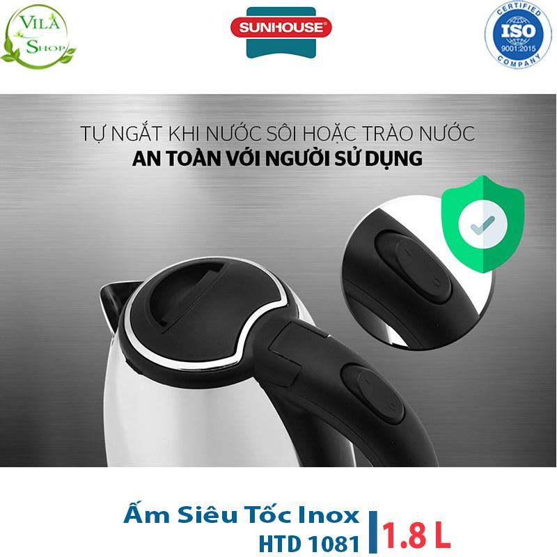 Ấm Siêu Tốc Đun Nước Inox Sunhouse Happy time HTD1081 - Dung tích 1.8L Chất Liệu Inox Cao Cấp, Bình Siêu Tốc Đun Nước