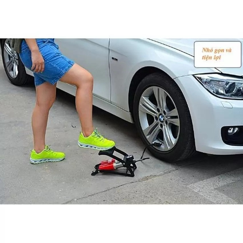 Bơm hơi đạp chân xe máy ô tô chuyên dụng đa năng 2 pitton Đỏ