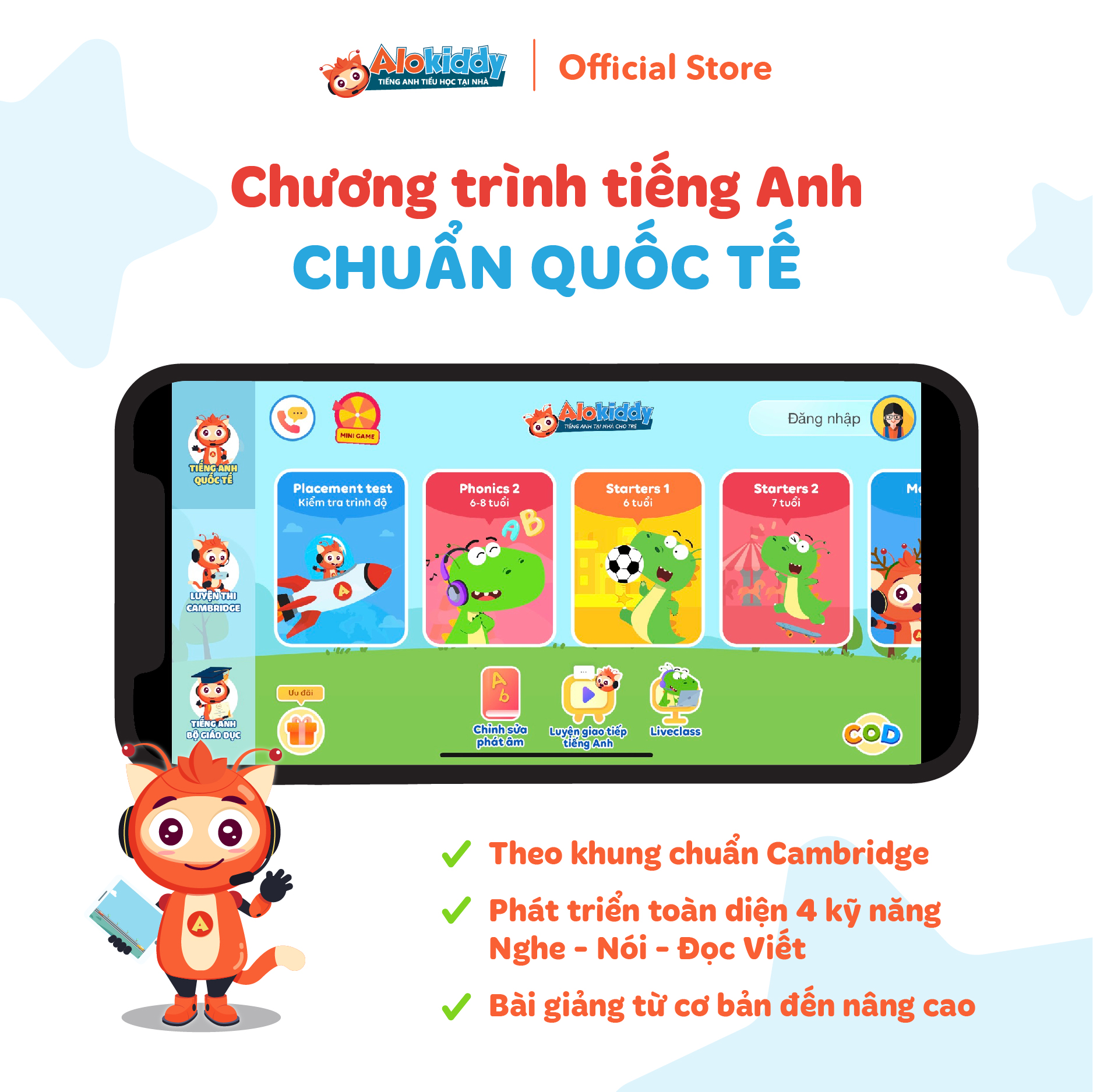 [Gói 9 năm] Combo ALOSTAR và ALOKIDDY Tiếng Anh - Gói học tiếng Anh online trên app dành cho trẻ 2-10 tuổi