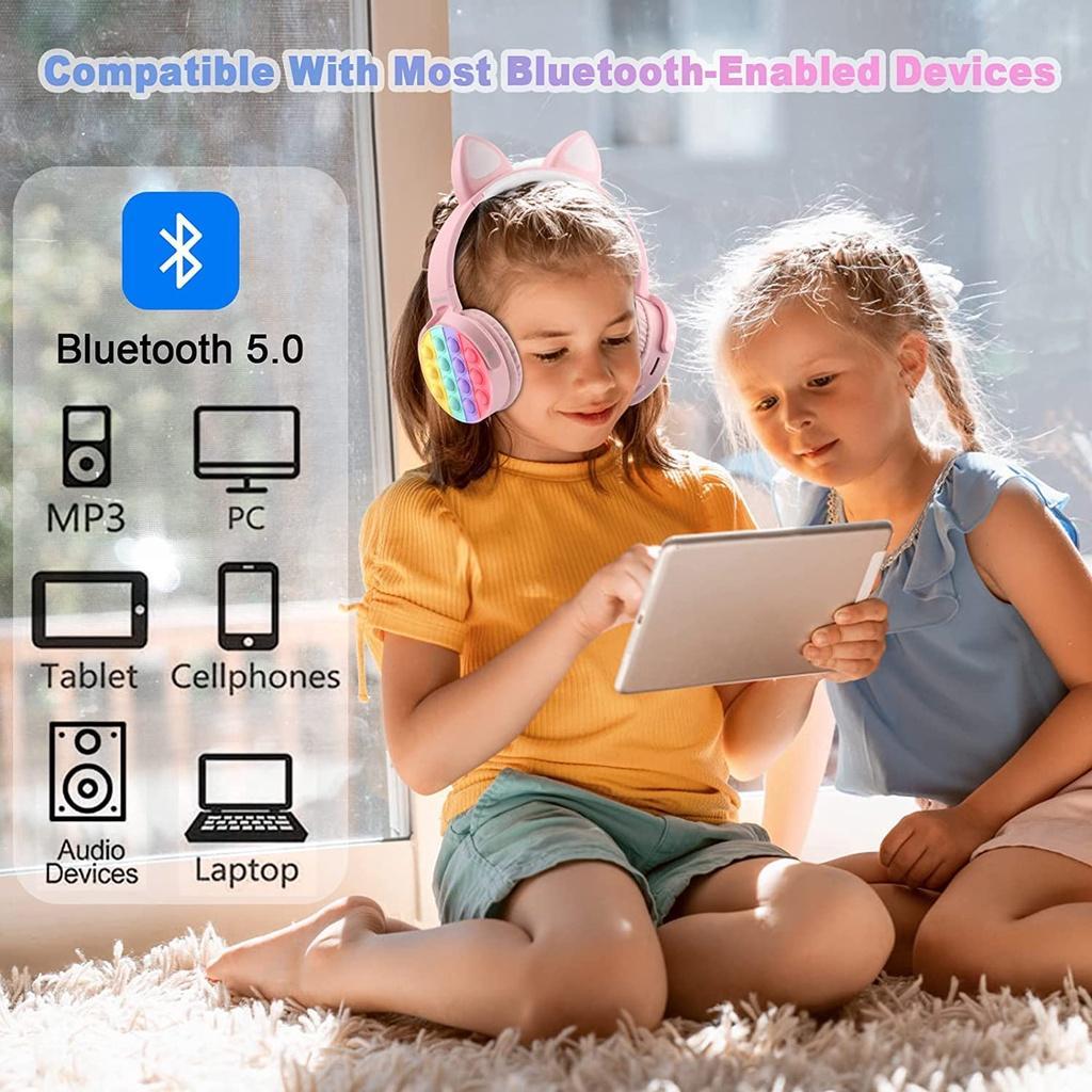 Tai nghe bluetooth không dây có hình tai mèo dễ thương có đèn LED và micro