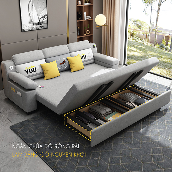 Sofa giường, Sofa Cao Cấp Vải Lanh mịn có cổng usb rộng 1m5 và 1m8