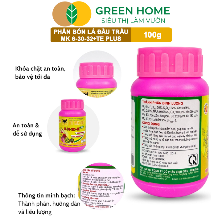 Phân Bón Lá Đầu Trâu 6-30-32 GreenHome, HŨ 100gr, MK 007, Siêu Ra Hoa Màu Rực Rỡ Chuyên Hoa Lan Hồng