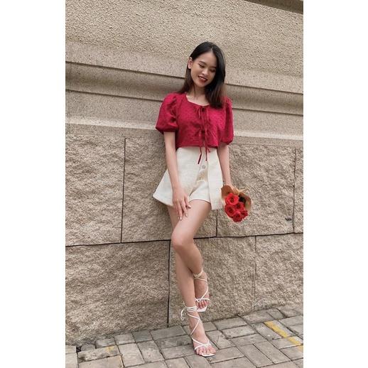 Áo kiểu croptop tay ngắn phồng Hàn Quốc cột nơ tiểu thư REVERCLOTHINGS Smiley Top