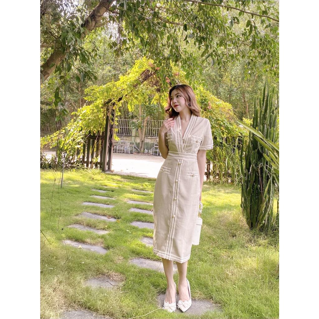 Heris Dress | Đầm body tay ngắn viền phối nút Story.clothes thời trang nữ Tết xinh