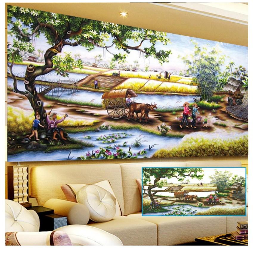 Tranh Đính Đá LÀNG QUÊ THANH BÌNH. Kích Thước: 1m x 58cm - 1m8 x 1m1