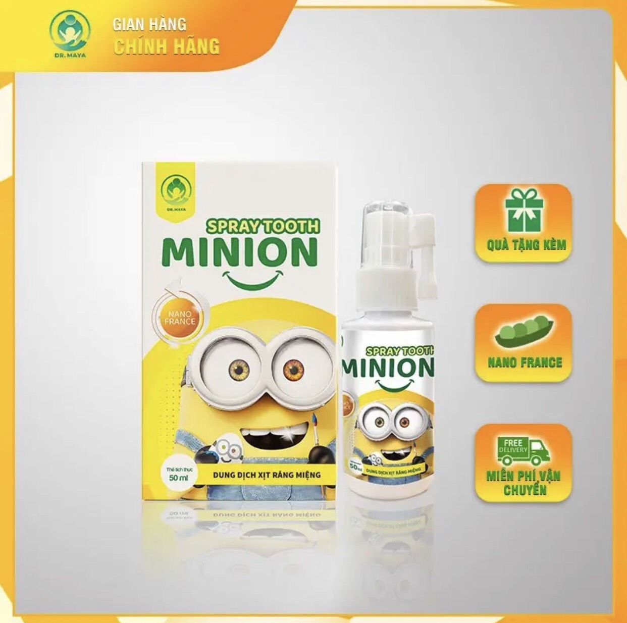 Xịt răng miệng Minion Gold Dr.maya hộp/50ml, Vệ sinh răng miệng ngăn ngừa sau răng cho bé từ 6 tháng tuổi