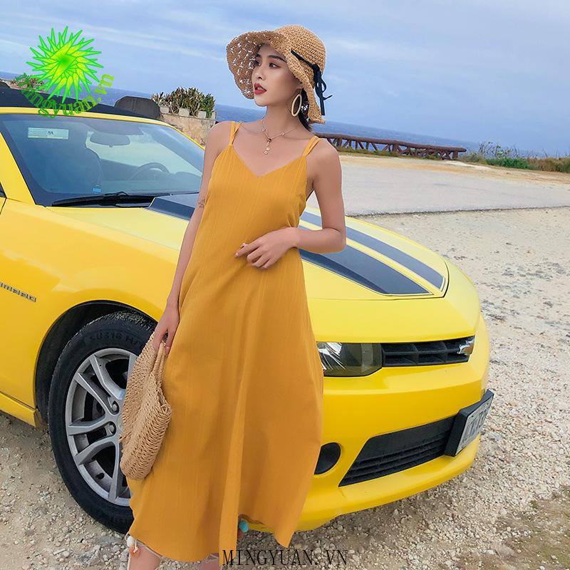 Đầm Dây Nữ Cộc Tay Lưng Trần Form Dài Thời Trang Hàn