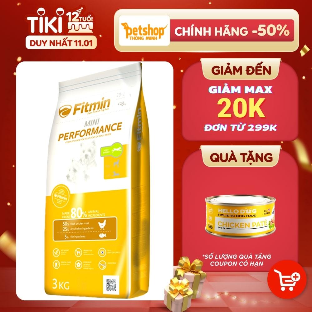 Thức Ăn Dành Cho Chó Đã Trưởng Thành Của Giống Nhỏ (Từ 10 Tháng) Có Hàm Lượng Năng Lượng Tăng Hỗ Trợ Tăng Cân Fitmin Dog Mini Performance 3KG - TẶNG 1 Lon Pate Tươi Hello Dog Chicken Pate 190G