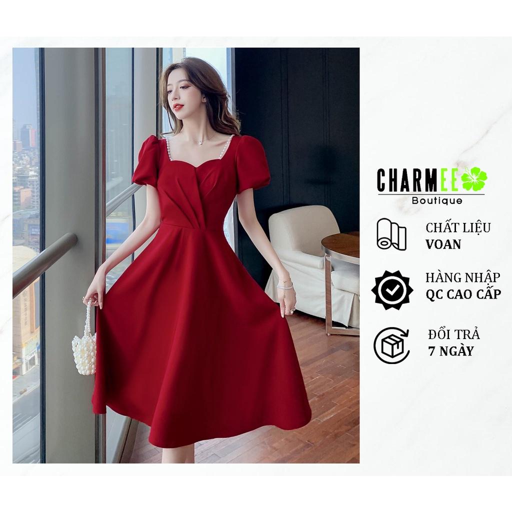 Đầm đỏ cổ thuyền đính dây ngọc
