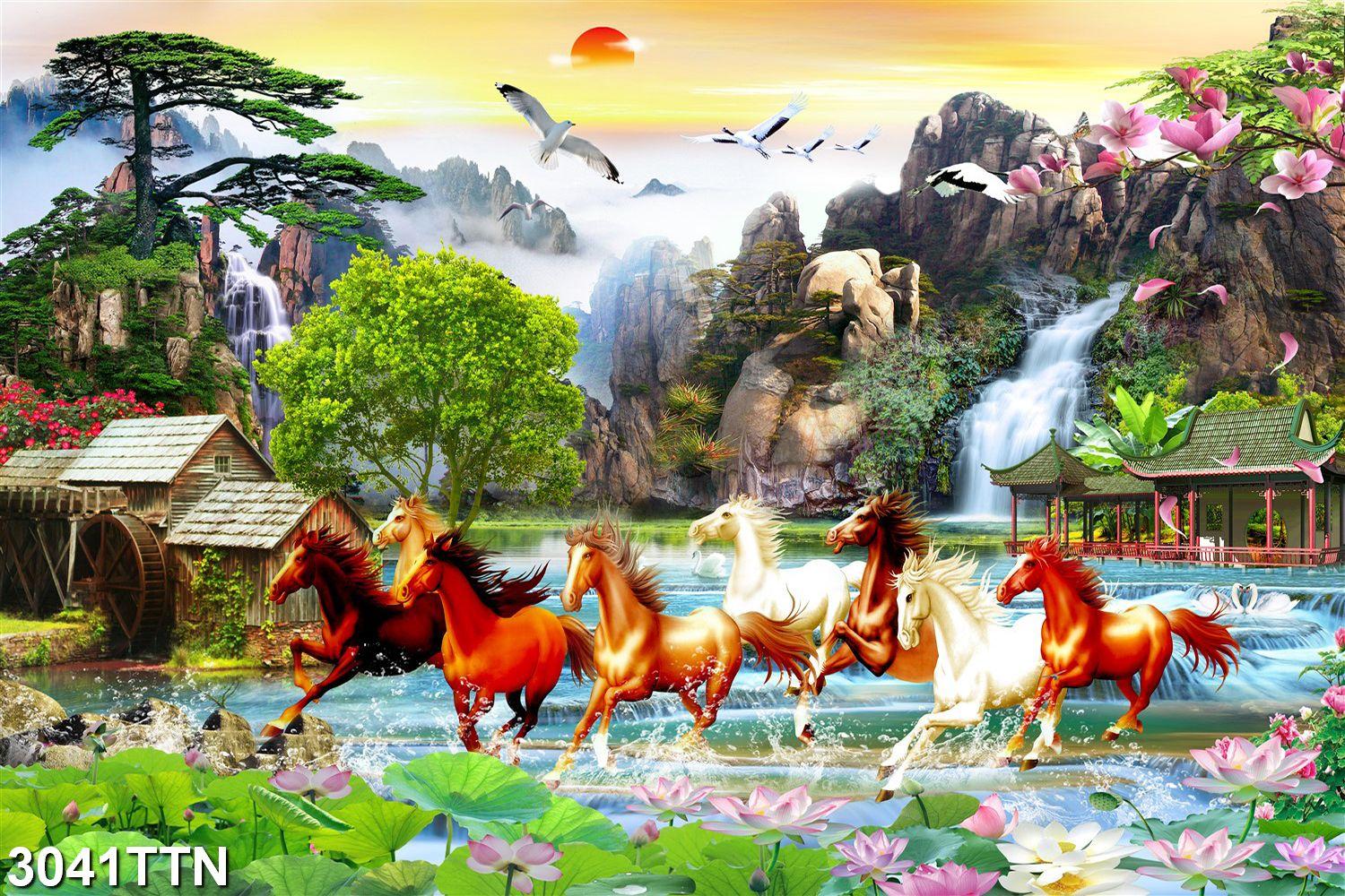 TRANH DÁN TƯỜNG 3D MÃ ĐÁO THÀNH CÔNG - TRANH DÁN TƯỜNG BÁT MÃ PHONG CẢNH - TRANH MÃ ĐÁO TRUY PHONG