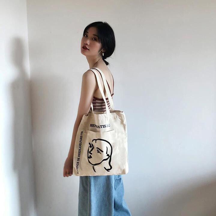 Túi tote vải đựng đồ đi học đi chơi phong cách Hàn Quốc in hình cô gái