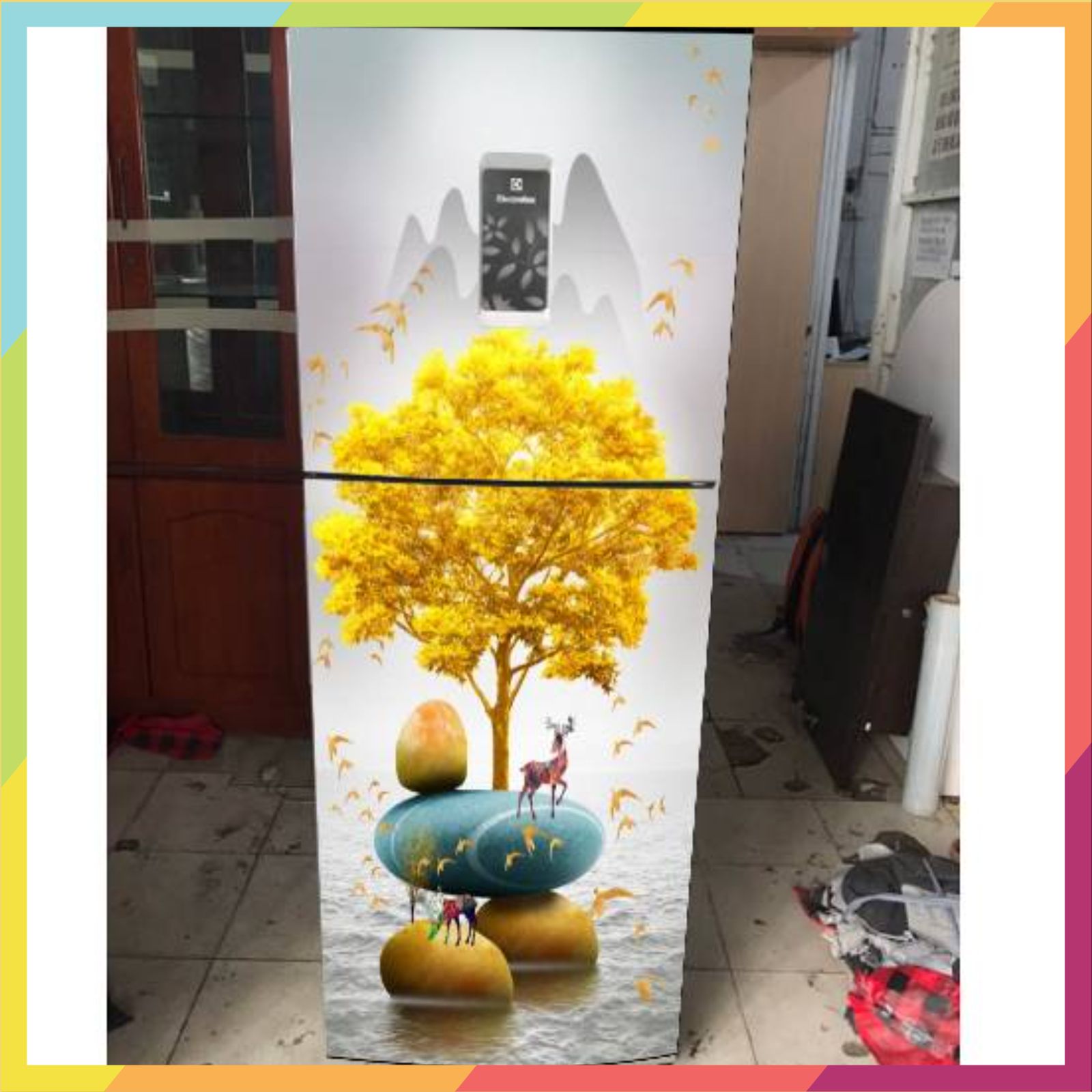 Decal dán tủ lạnh dán máy giặt in hình cây ngân hạnh, bao gồm 4 kích thước chọn lựa, mẫu in sắc nét keo bám dính tốt