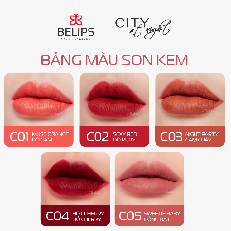 Combo son kem lì mỏng mịn mềm môi C04 Hot Cherry + C05 Swettie Baby Belips City At Night