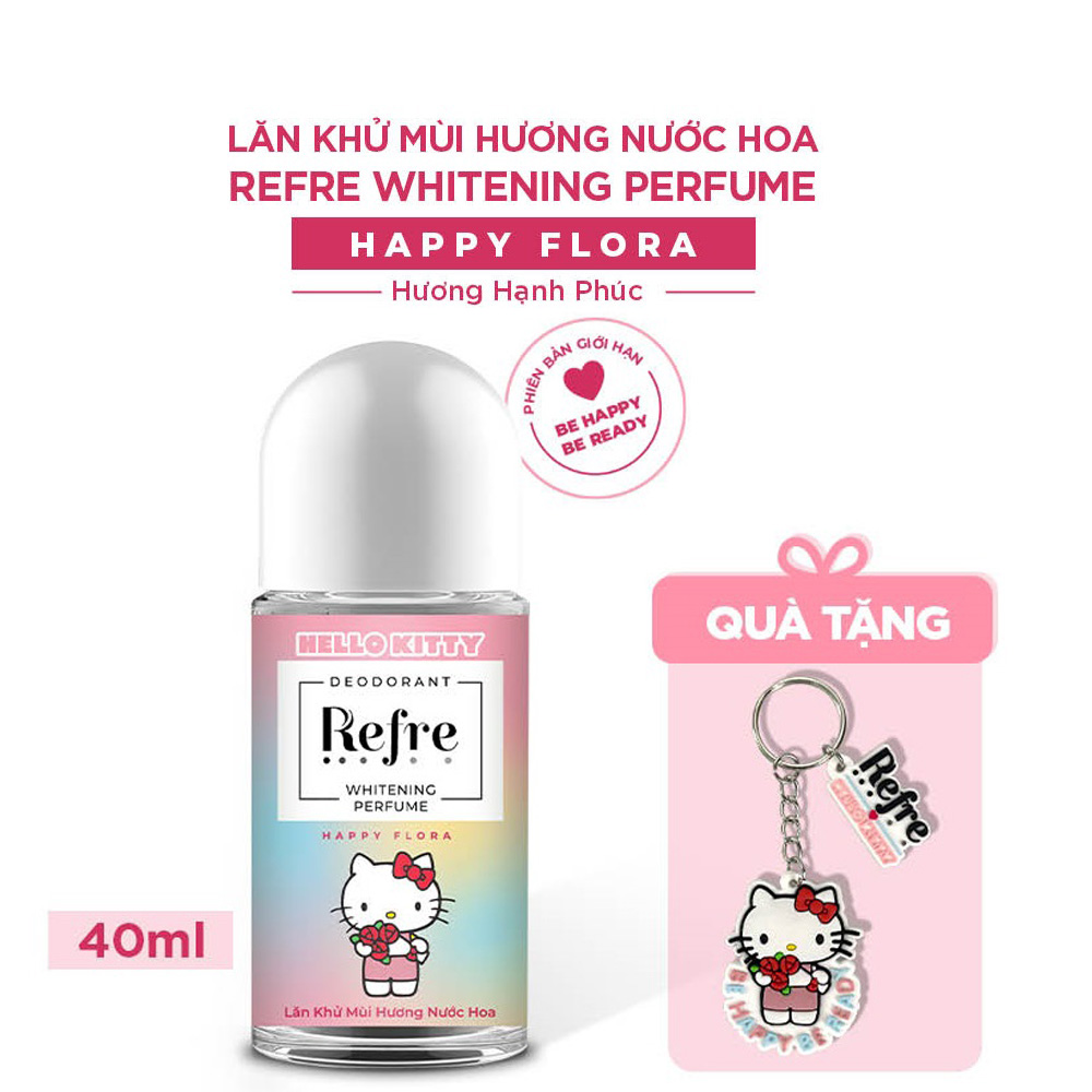 Lăn khử mùi hương nước hoa Refre Whitening Perfume Happy Flora - Hương Hạnh Phúc 40ml (Phiên bản Hello Kitty giới hạn) + Tặng móc khóa Hello Kitty xinh xắn