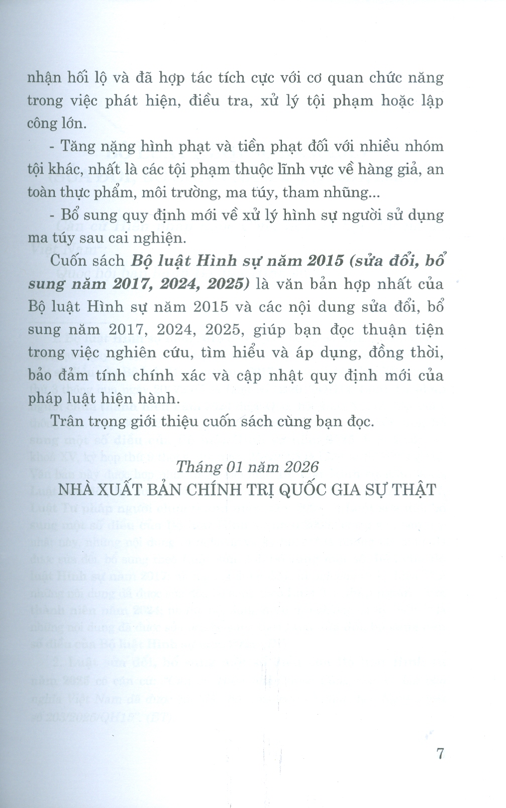 Bộ Luật Hình Sự Năm 2015 (Sửa Đổi, Bổ Sung Năm 2017, 2024, 2025) (Bản in năm 2026)