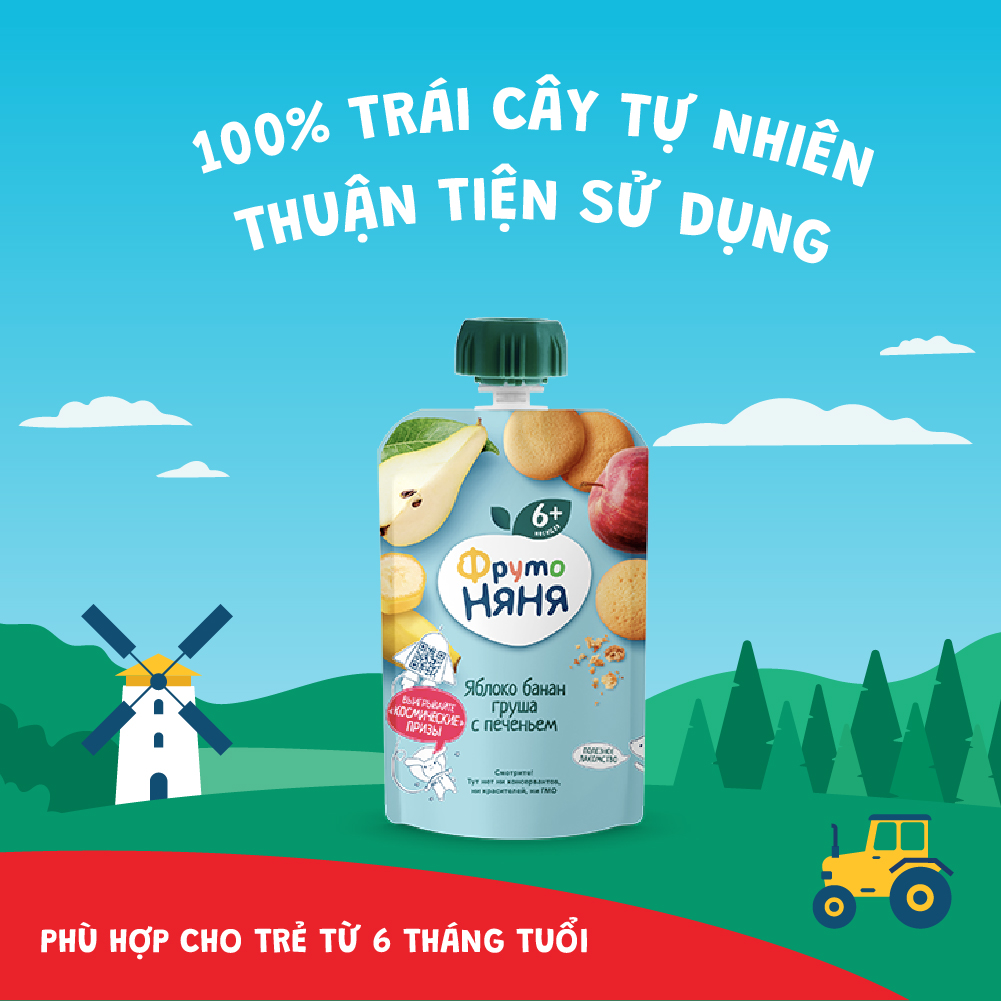 Thùng 12 Gói Trái cây nghiền vị táo, chuối, lê và bánh quy Fruto Nyanya 90g