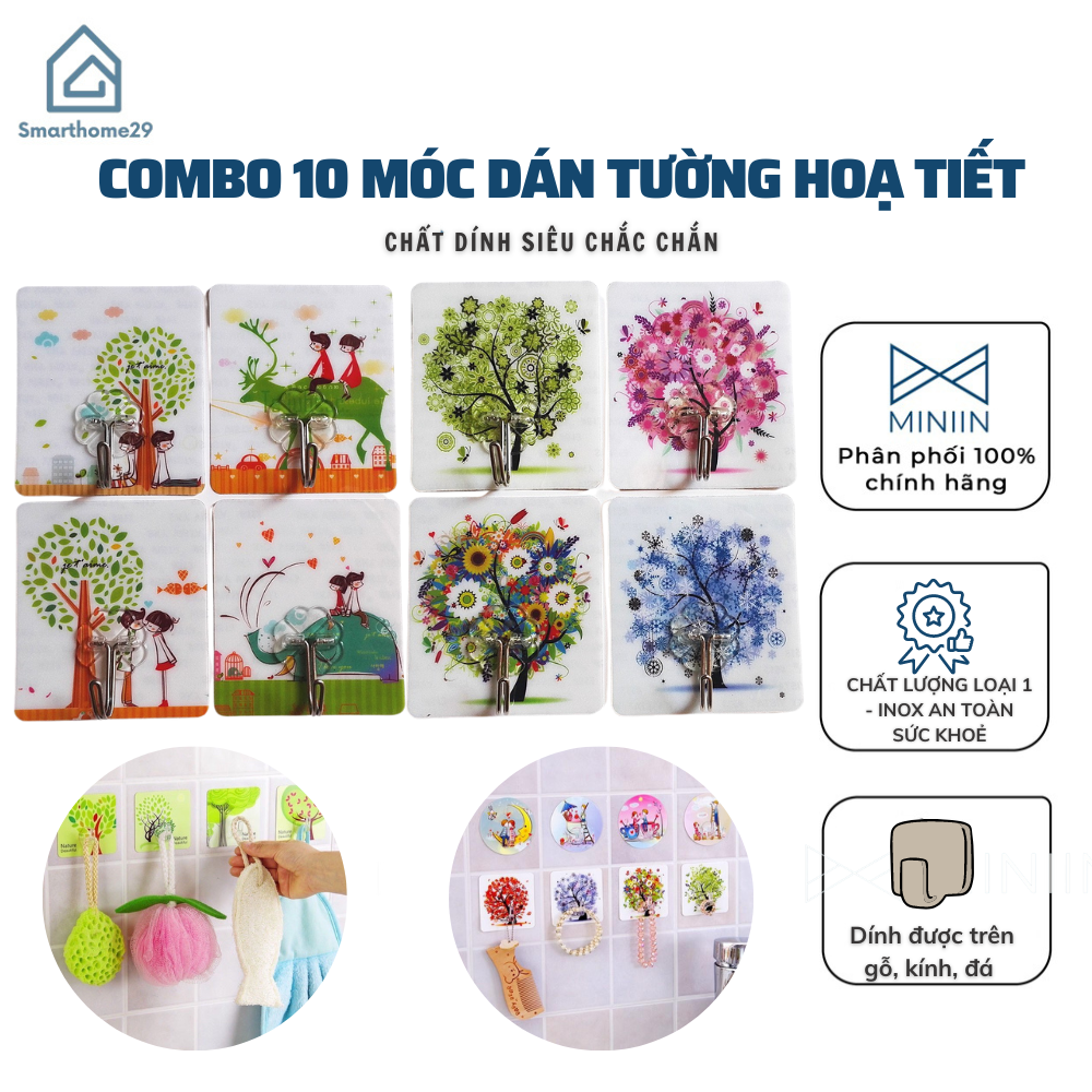 Combo 10 Móc Dán Tường Hoạ Tiết 3D Chắc Chắn Chịu Lực Tốt, Móc Treo Đồ In Hình 3D Siêu Dính - HÀNG CHÍNH HÃNG MINIIN