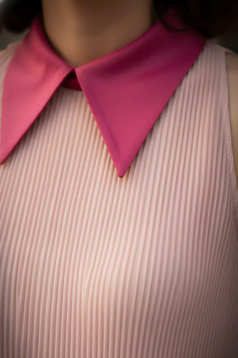 Áo Sơ Mi Vai Yếm Dập Ly, Áo Sát Nách Cổ Sơ Mi Hồng thời trang thiết kế Hity TOP246