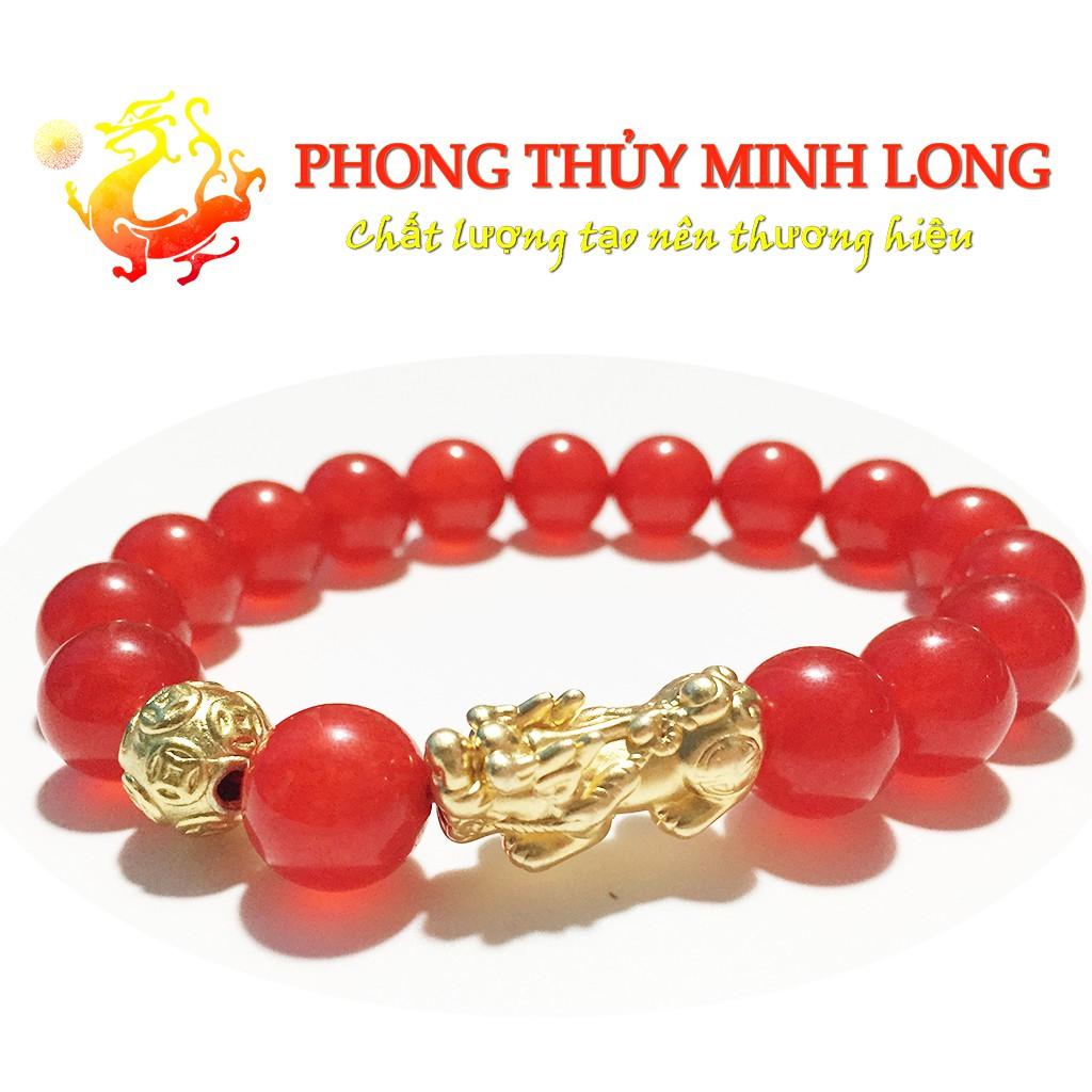 Vòng tay đá Mã Não Đỏ 3A mix tỳ hưu và 1 hạt kim tiền bạc charm Vàng hợp mệnh Hỏa và Thổ