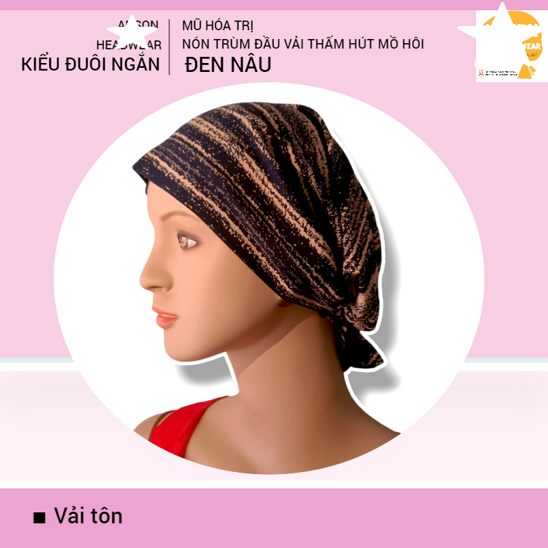 Nón hóa trị vải mềm mát, hút mồ hôi, bệnh nhân ung thư, chemo hat, nón trùm đầu [KIỂU ĐUÔI NGẮN-ĐEN NÂU]