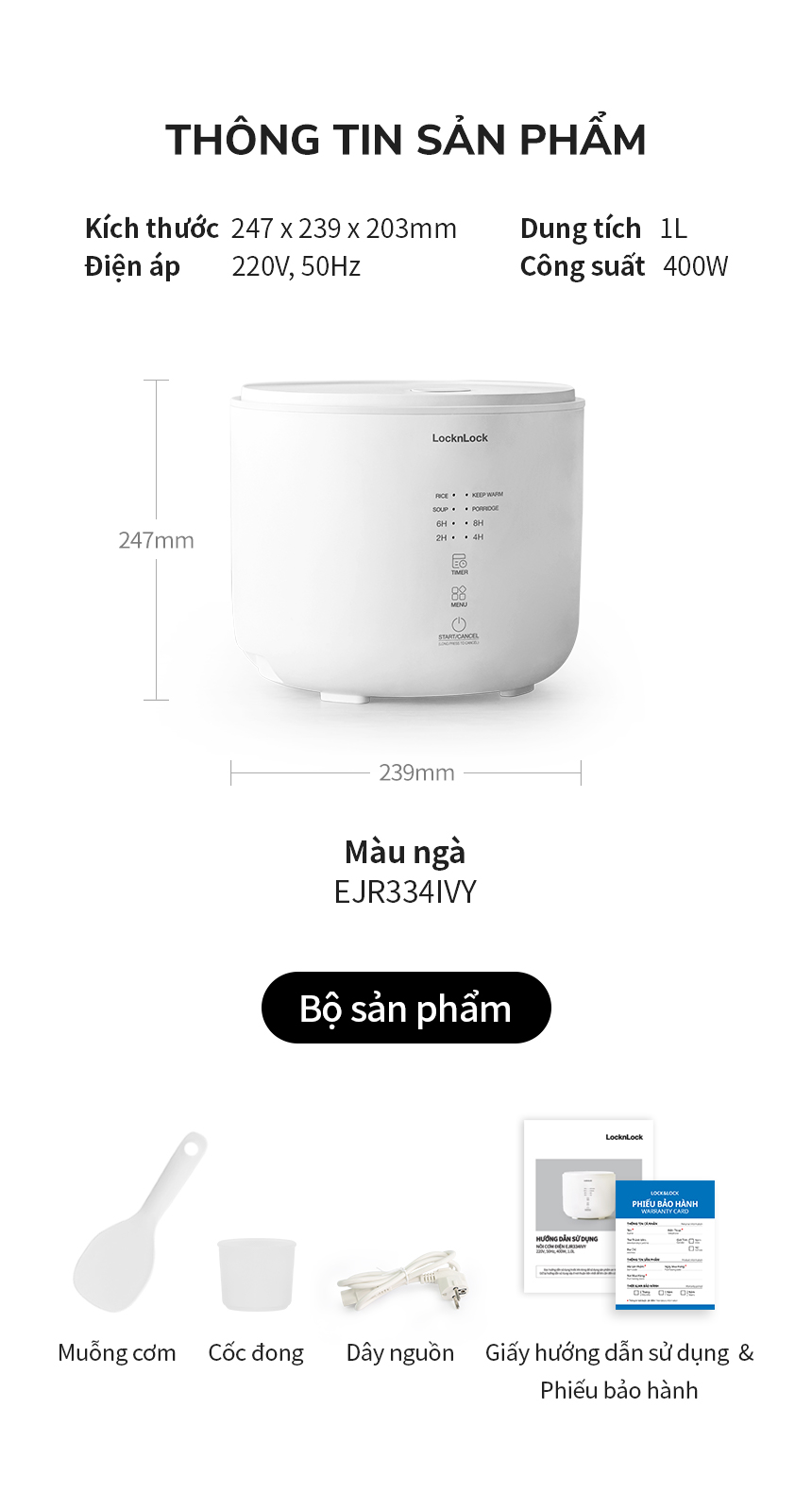 Nồi cơm điện 1L Bianco LocknLock EJR334IVY, Hàng chính hãng, Đa chức năng, Điều khiển thông minh, 4 chế độ - JoyMall